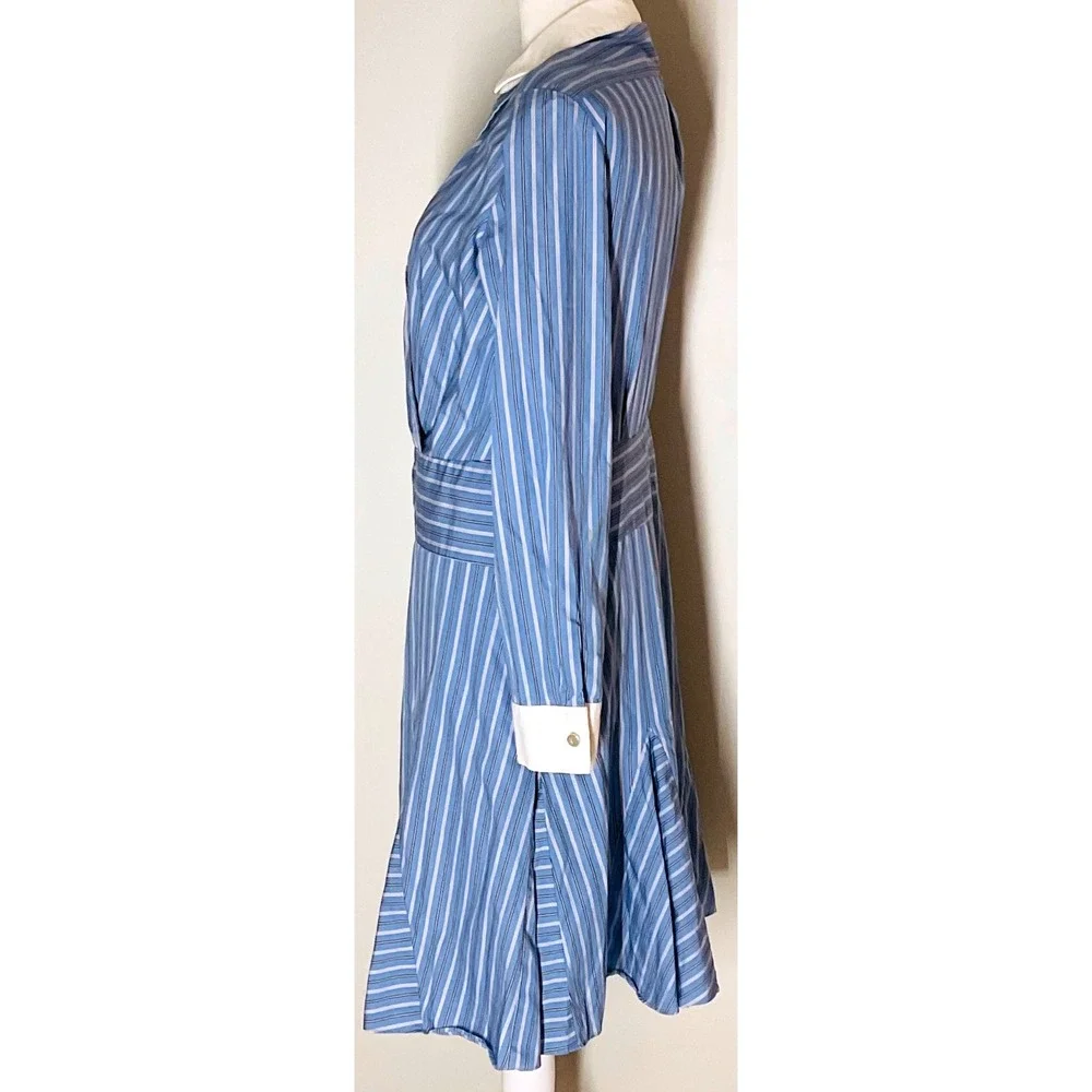 LRL Ralph Lauren black label cotton preppy pinstripe shirt dress blue 6 read